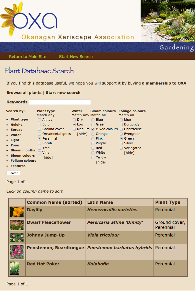 Xeriscape plant database Okanagan Xeriscape Plant database search